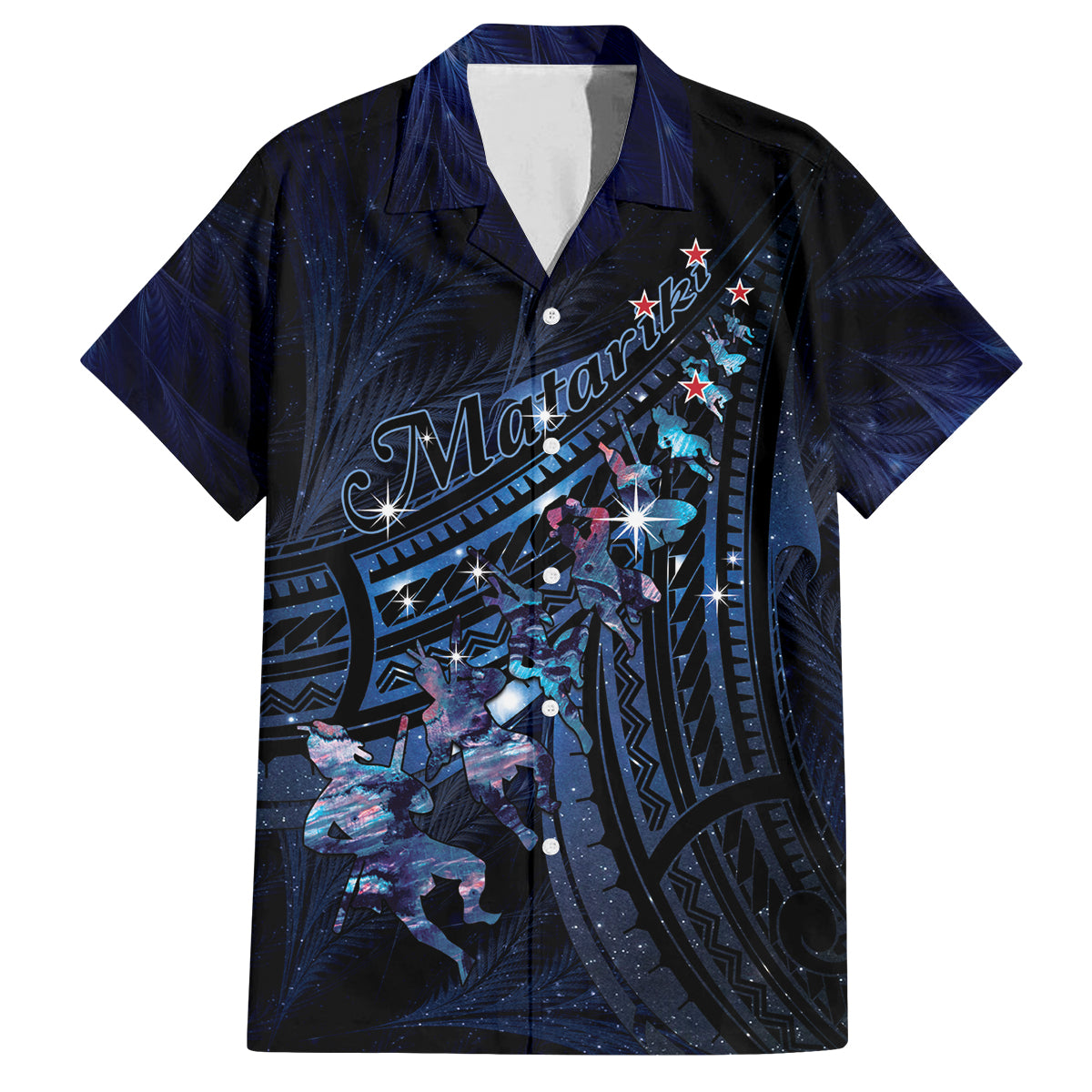 Personalised Matariki Paua Shell New Zealand Family Matching Off The Shoulder Long Sleeve Dress and Hawaiian Shirt Haka Dance At The Starry Night LT01 Dad's Shirt - Short Sleeve Black - Polynesian Pride