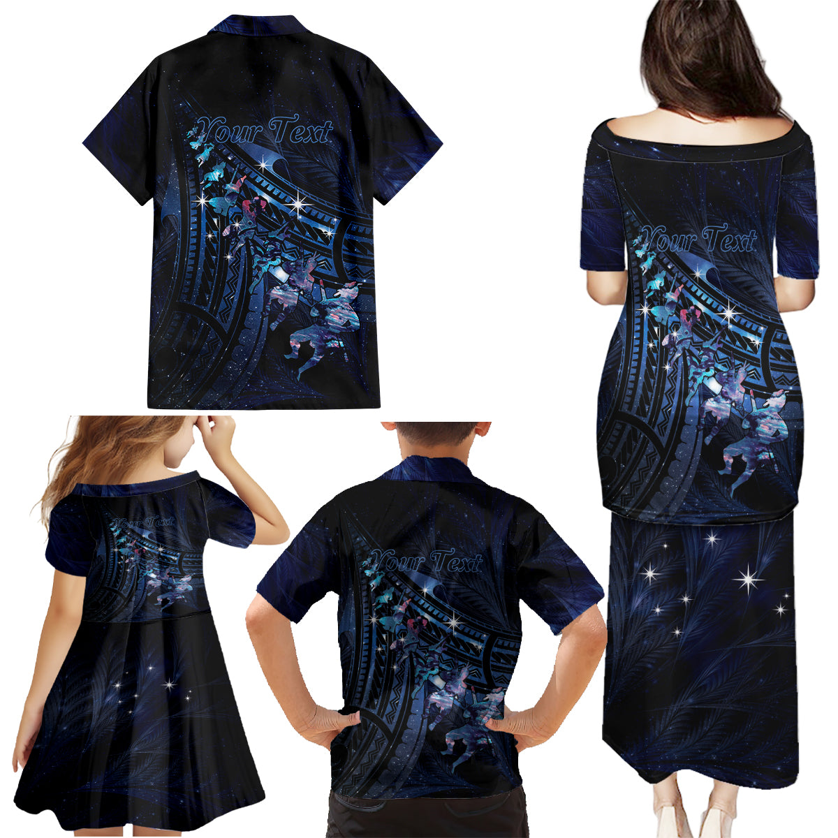 Personalised Matariki Paua Shell New Zealand Family Matching Puletasi and Hawaiian Shirt Haka Dance At The Starry Night LT01 - Polynesian Pride