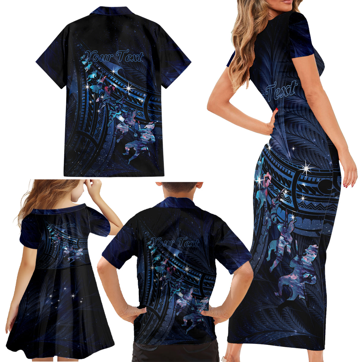 Personalised Matariki Paua Shell New Zealand Family Matching Short Sleeve Bodycon Dress and Hawaiian Shirt Haka Dance At The Starry Night LT01 - Polynesian Pride