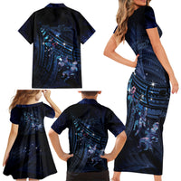 Personalised Matariki Paua Shell New Zealand Family Matching Short Sleeve Bodycon Dress and Hawaiian Shirt Haka Dance At The Starry Night LT01 - Polynesian Pride