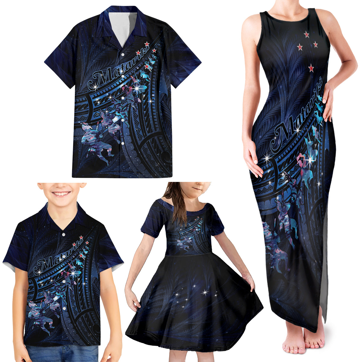 Personalised Matariki Paua Shell New Zealand Family Matching Tank Maxi Dress and Hawaiian Shirt Haka Dance At The Starry Night LT01 - Polynesian Pride