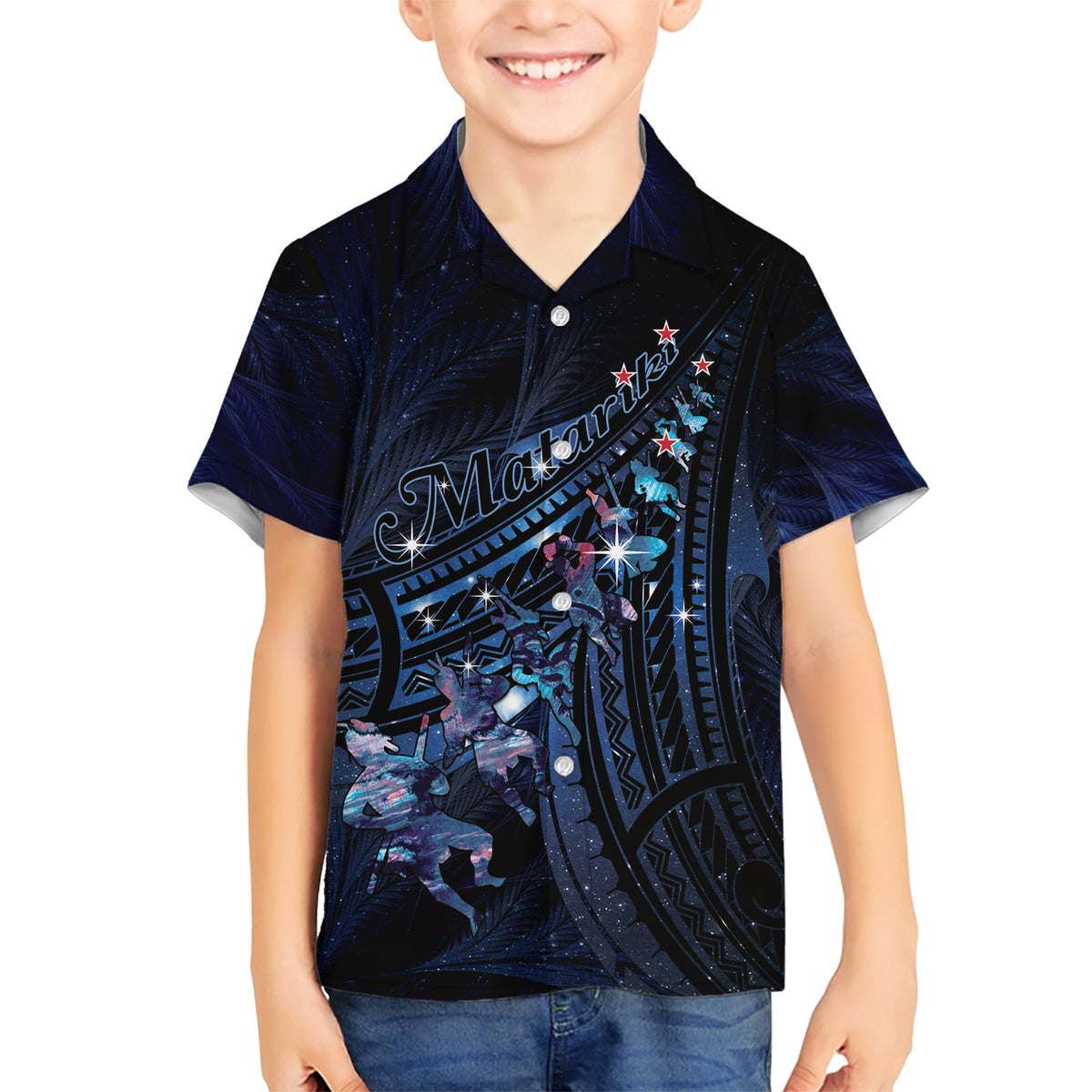 Personalised Matariki Paua Shell New Zealand Kid Hawaiian Shirt Haka Dance At The Starry Night LT01 Kid Black - Polynesian Pride