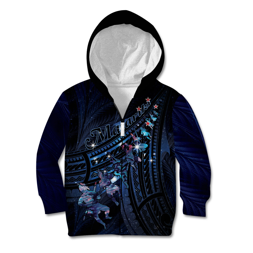 Personalised Matariki Paua Shell New Zealand Kid Hoodie Haka Dance At The Starry Night LT01 Zip Hoodie Black - Polynesian Pride