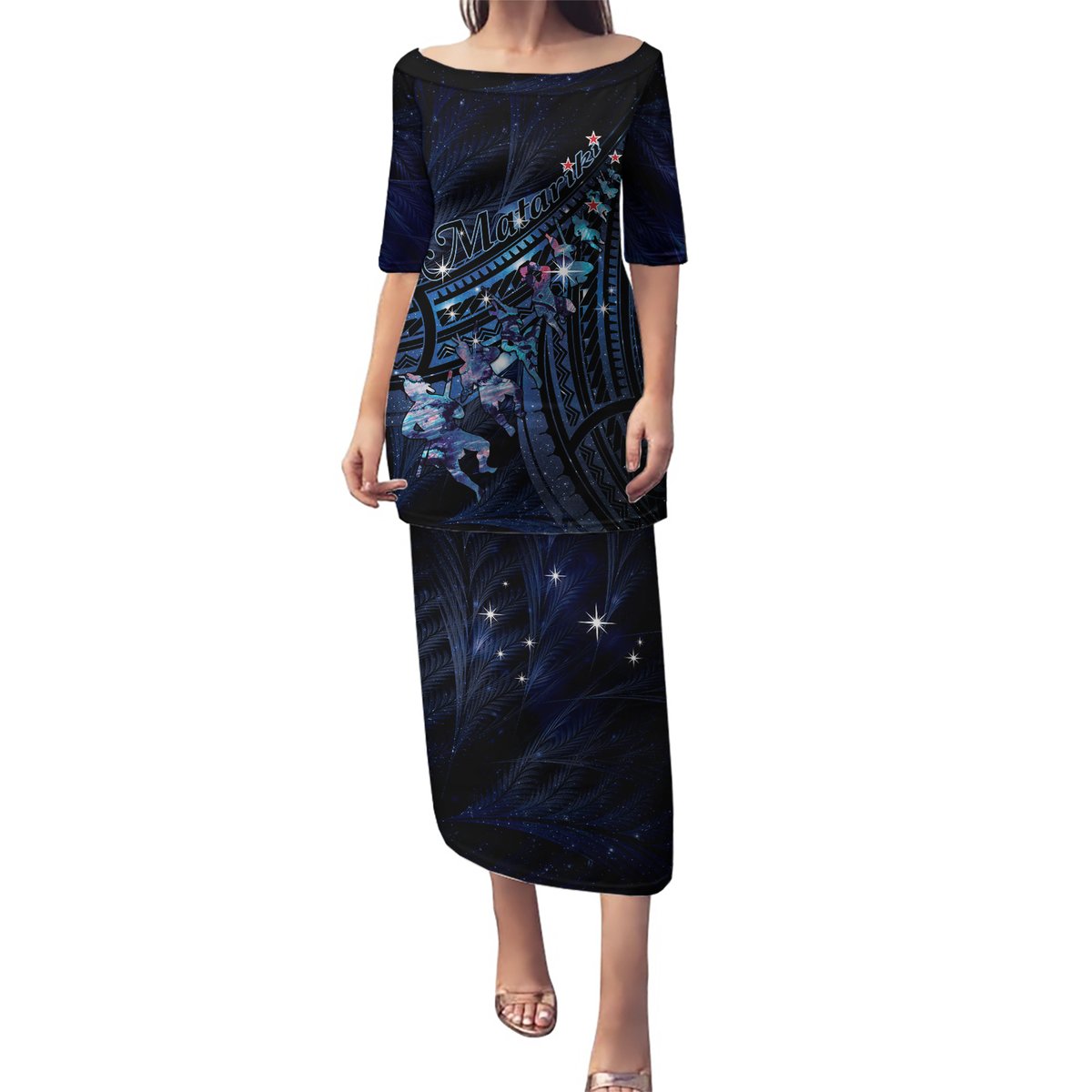 Personalised Matariki Paua Shell New Zealand Puletasi Haka Dance At The Starry Night LT01 Long Dress Black - Polynesian Pride