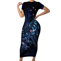 Personalised Matariki Paua Shell New Zealand Short Sleeve Bodycon Dress Haka Dance At The Starry Night LT01 Long Dress Black - Polynesian Pride