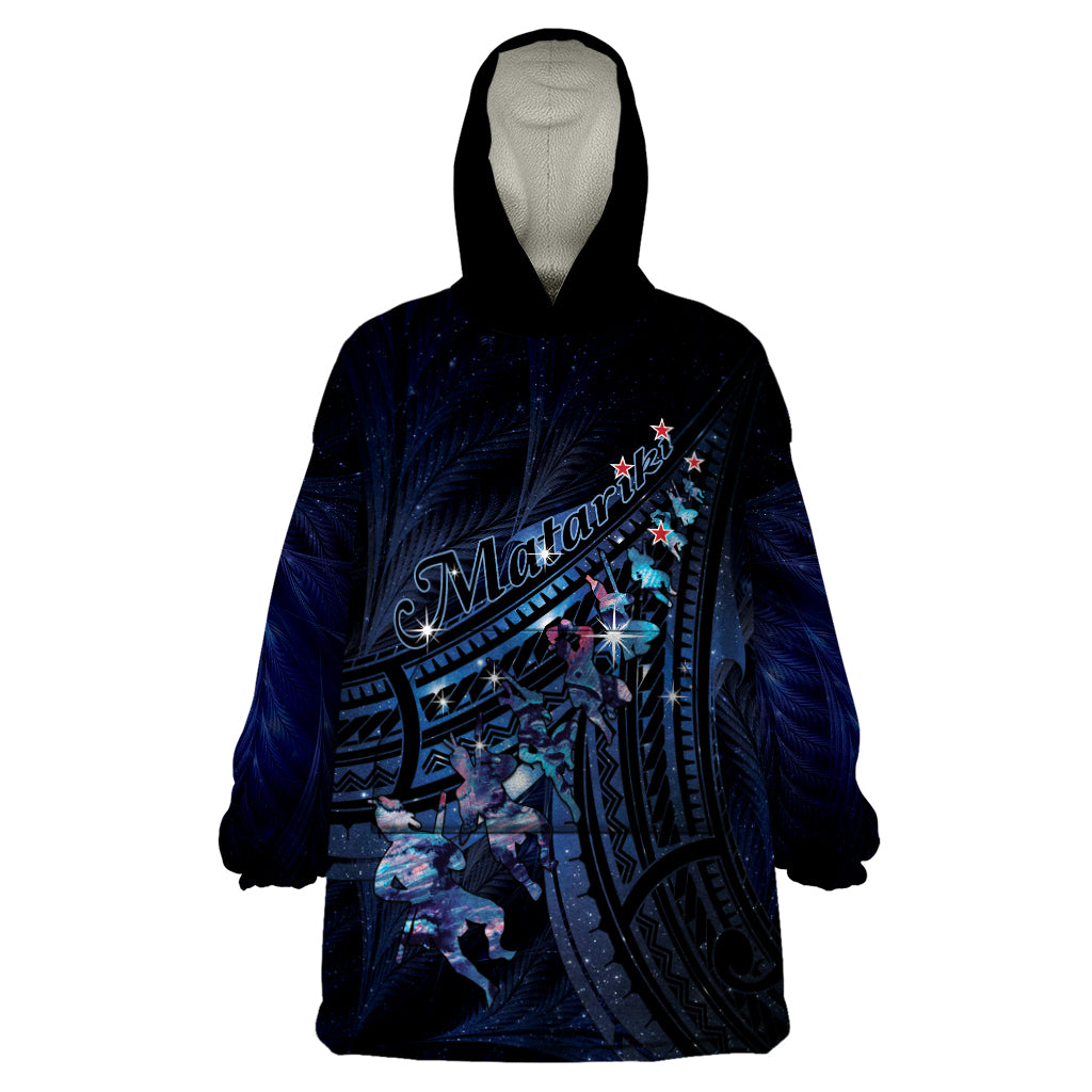 Personalised Matariki Paua Shell New Zealand Wearable Blanket Hoodie Haka Dance At The Starry Night LT01 One Size Black - Polynesian Pride