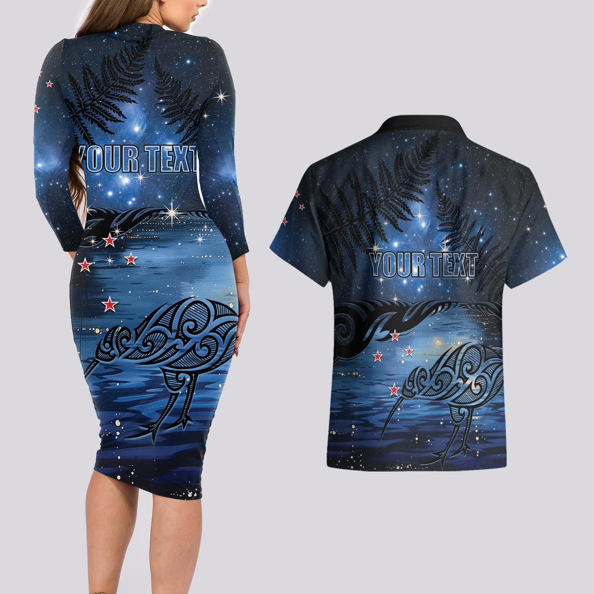 Personalised Matariki Kiwi Couples Matching Long Sleeve Bodycon Dress and Hawaiian Shirt Silver Fern LT01 - Polynesian Pride