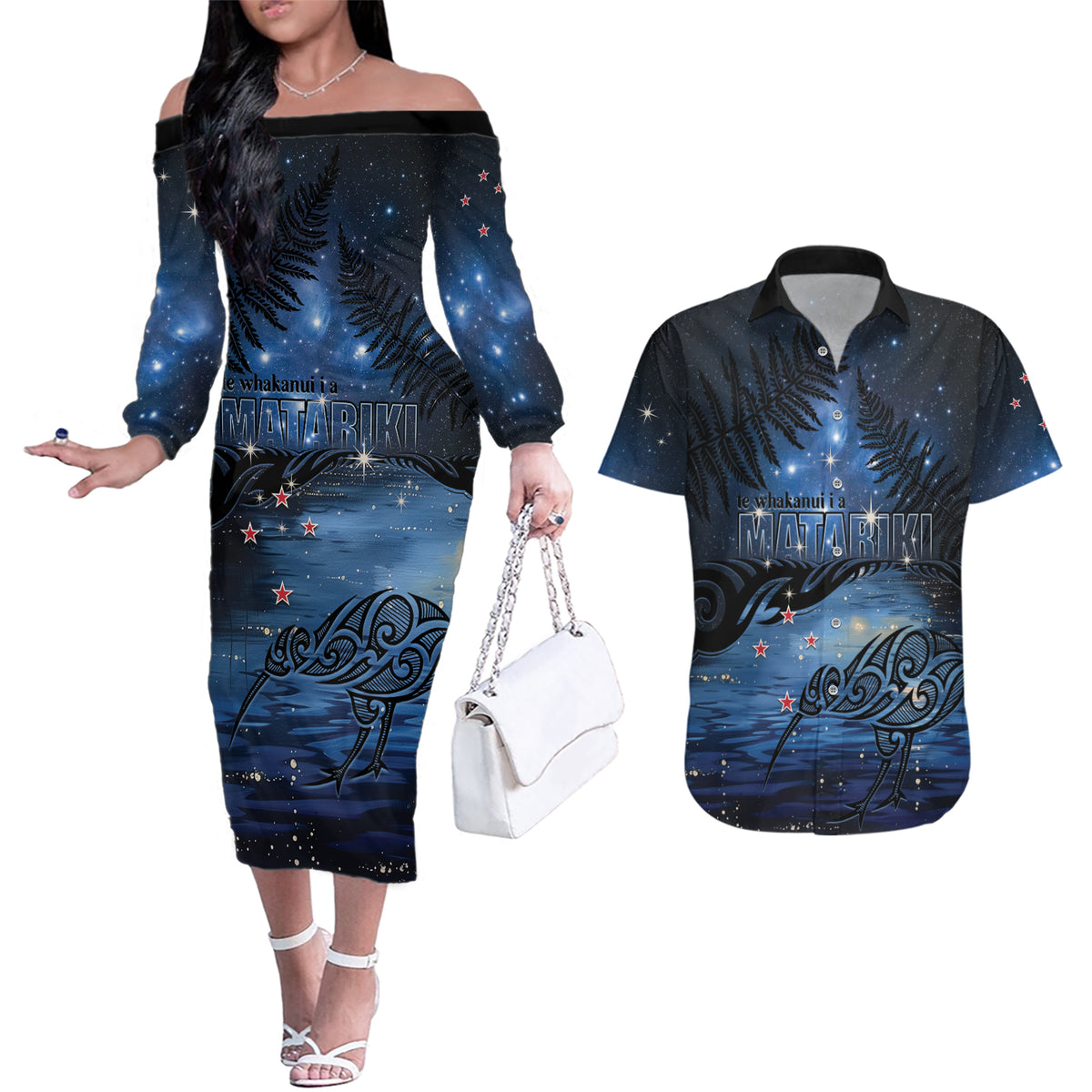 Personalised Matariki Kiwi Couples Matching Off The Shoulder Long Sleeve Dress and Hawaiian Shirt Silver Fern LT01 Black - Polynesian Pride