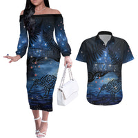 Personalised Matariki Kiwi Couples Matching Off The Shoulder Long Sleeve Dress and Hawaiian Shirt Silver Fern LT01 Black - Polynesian Pride