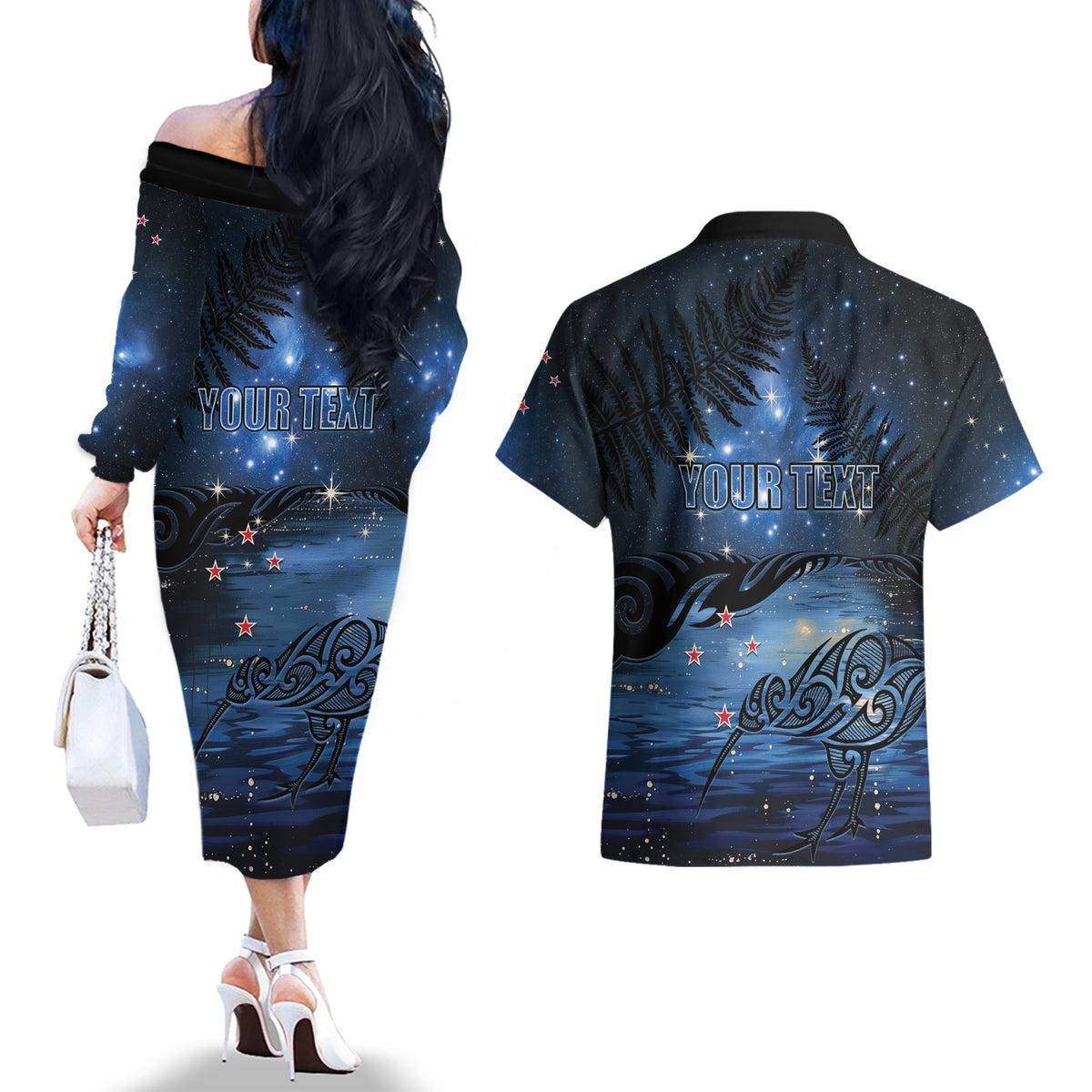 Personalised Matariki Kiwi Couples Matching Off The Shoulder Long Sleeve Dress and Hawaiian Shirt Silver Fern LT01 - Polynesian Pride