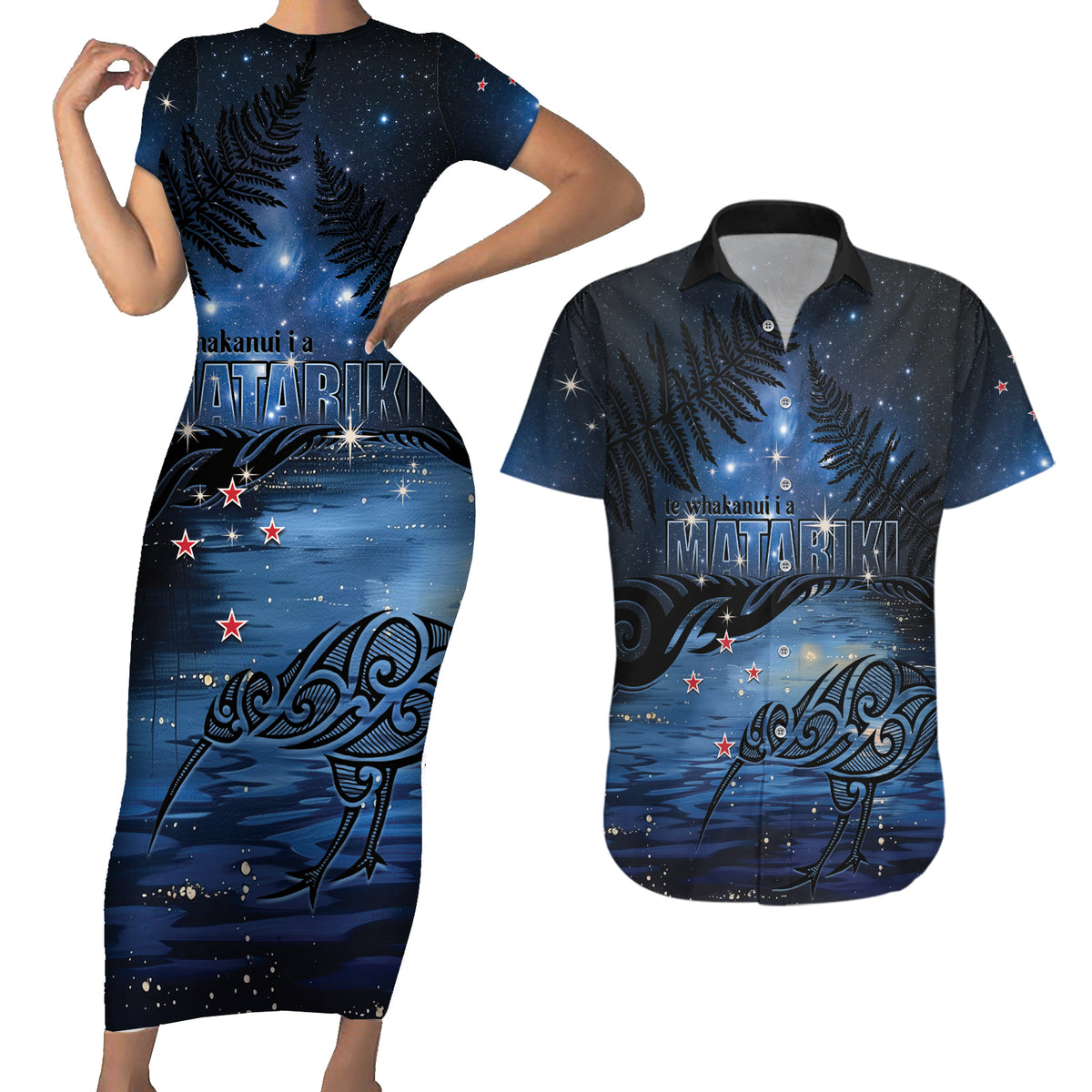 Personalised Matariki Kiwi Couples Matching Short Sleeve Bodycon Dress and Hawaiian Shirt Silver Fern LT01 Black - Polynesian Pride