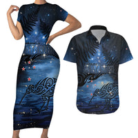 Personalised Matariki Kiwi Couples Matching Short Sleeve Bodycon Dress and Hawaiian Shirt Silver Fern LT01 Black - Polynesian Pride