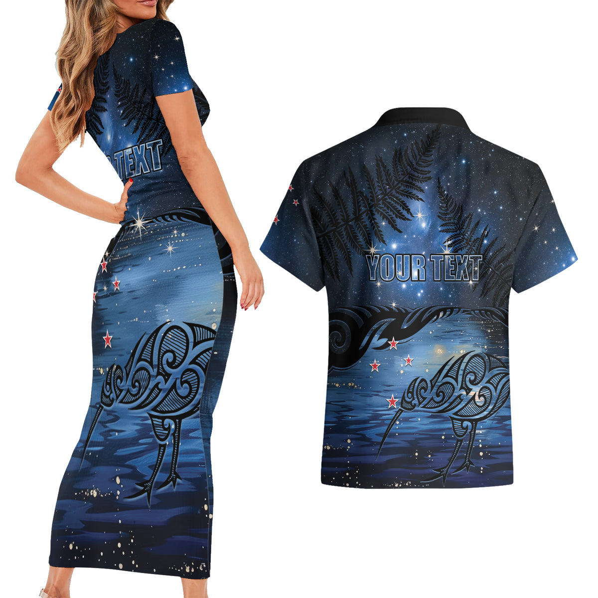 Personalised Matariki Kiwi Couples Matching Short Sleeve Bodycon Dress and Hawaiian Shirt Silver Fern LT01 - Polynesian Pride