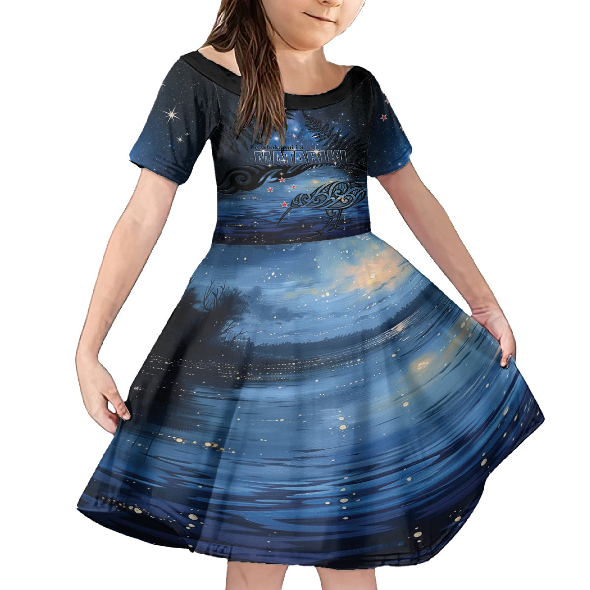 Personalised Matariki Kiwi Family Matching Long Sleeve Bodycon Dress and Hawaiian Shirt Silver Fern LT01 Daughter's Dress Black - Polynesian Pride