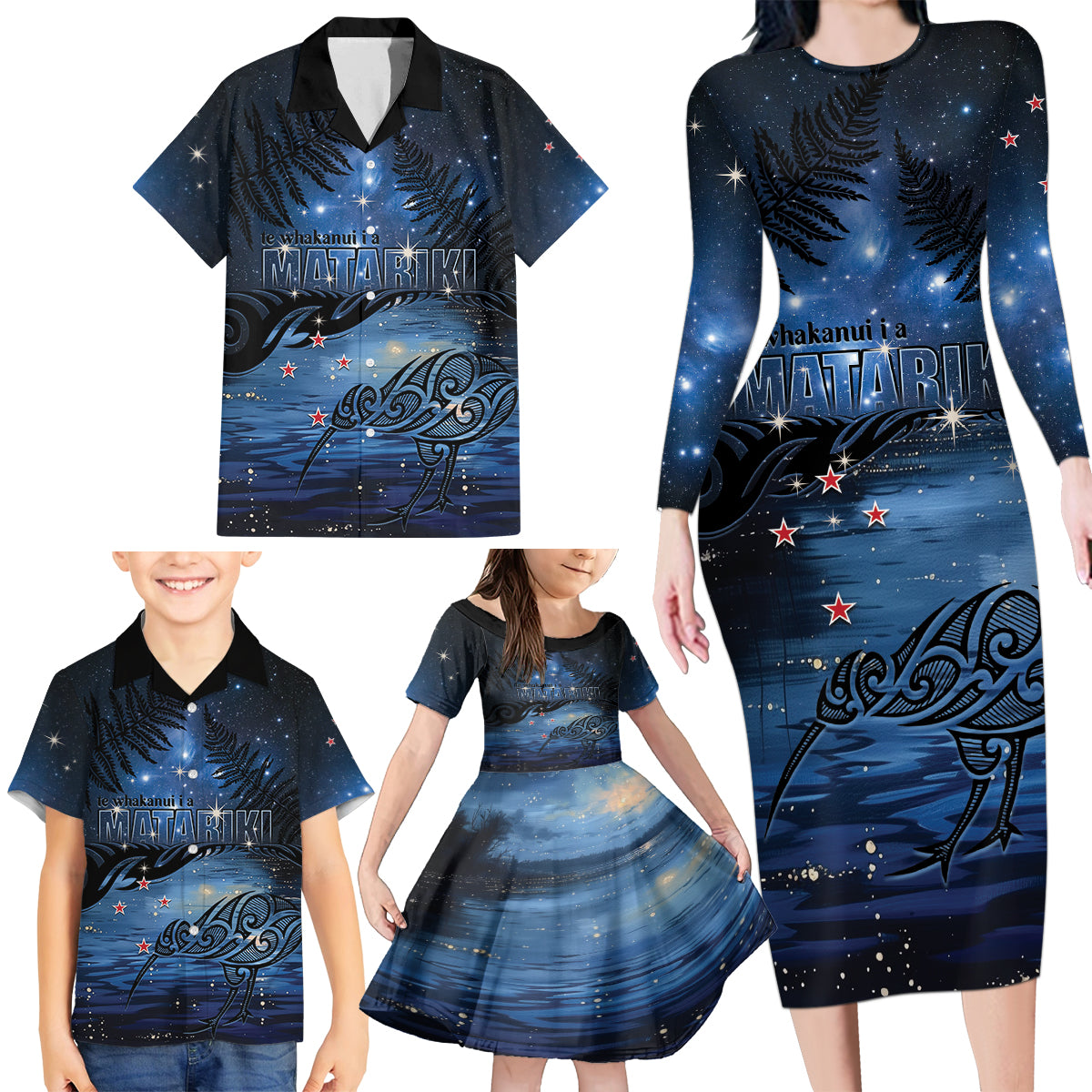 Personalised Matariki Kiwi Family Matching Long Sleeve Bodycon Dress and Hawaiian Shirt Silver Fern LT01 - Polynesian Pride
