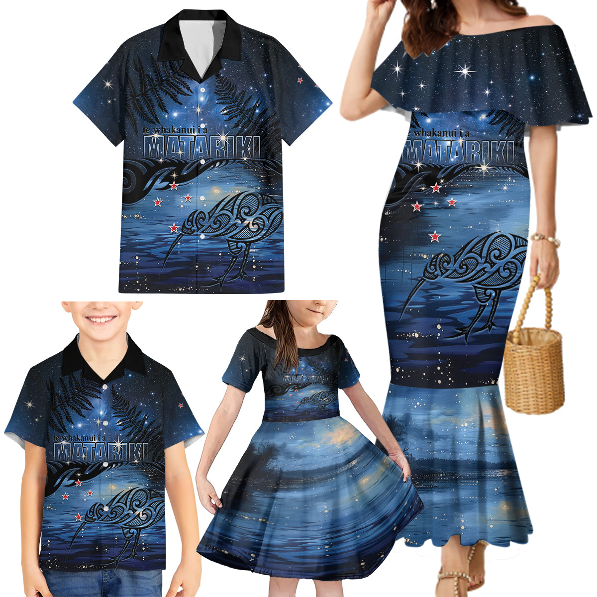 Personalised Matariki Kiwi Family Matching Mermaid Dress and Hawaiian Shirt Silver Fern LT01 - Polynesian Pride