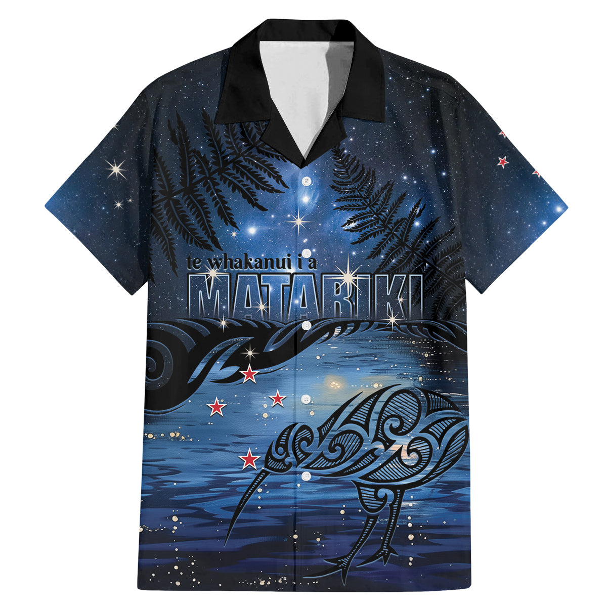 Personalised Matariki Kiwi Family Matching Mermaid Dress and Hawaiian Shirt Silver Fern LT01 Dad's Shirt - Short Sleeve Black - Polynesian Pride