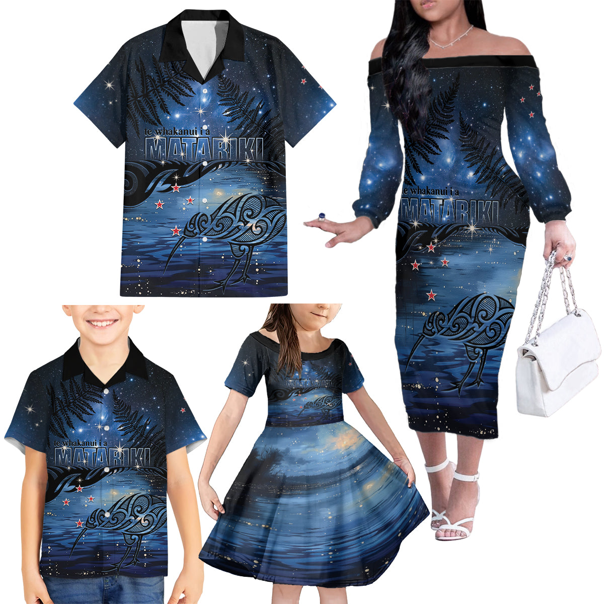 Personalised Matariki Kiwi Family Matching Off The Shoulder Long Sleeve Dress and Hawaiian Shirt Silver Fern LT01 - Polynesian Pride