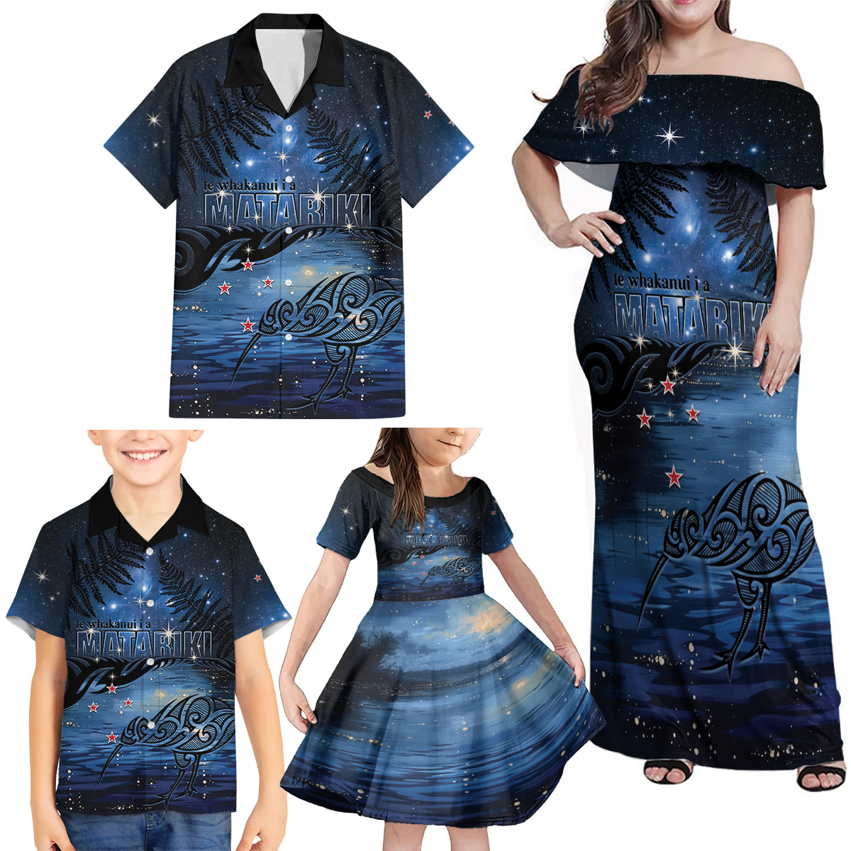 Personalised Matariki Kiwi Family Matching Off Shoulder Maxi Dress and Hawaiian Shirt Silver Fern LT01 - Polynesian Pride
