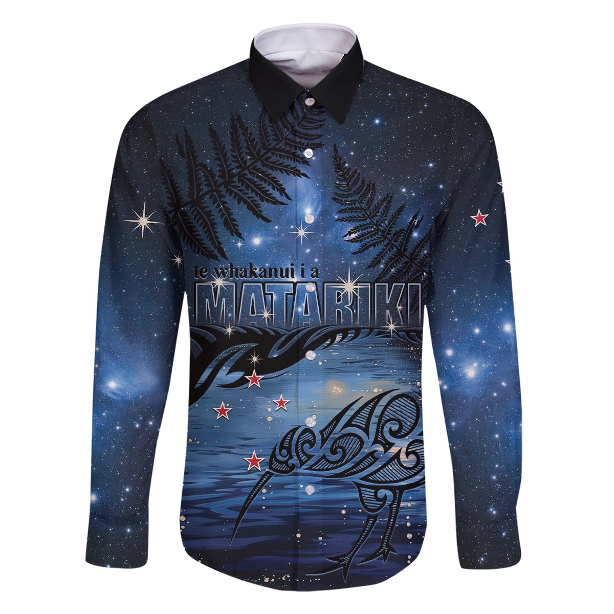 Personalised Matariki Kiwi Family Matching Off Shoulder Maxi Dress and Hawaiian Shirt Silver Fern LT01 Dad's Shirt - Long Sleeve Black - Polynesian Pride