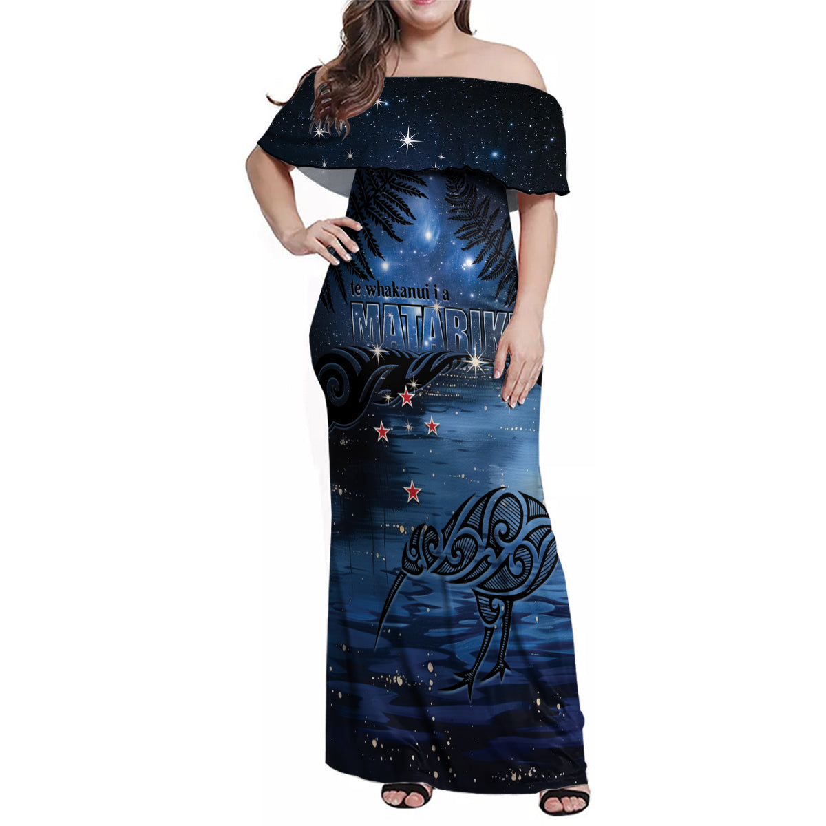 Personalised Matariki Kiwi Family Matching Off Shoulder Maxi Dress and Hawaiian Shirt Silver Fern LT01 Mom's Dress Black - Polynesian Pride