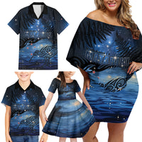 Personalised Matariki Kiwi Family Matching Off Shoulder Short Dress and Hawaiian Shirt Silver Fern LT01 - Polynesian Pride