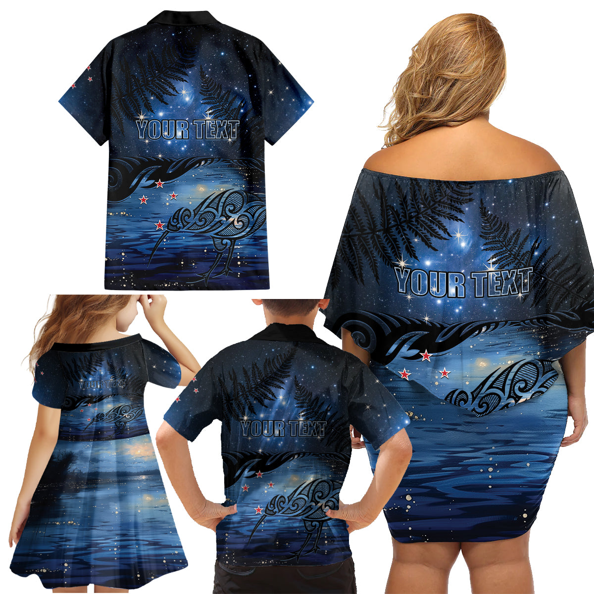 Personalised Matariki Kiwi Family Matching Off Shoulder Short Dress and Hawaiian Shirt Silver Fern LT01 - Polynesian Pride