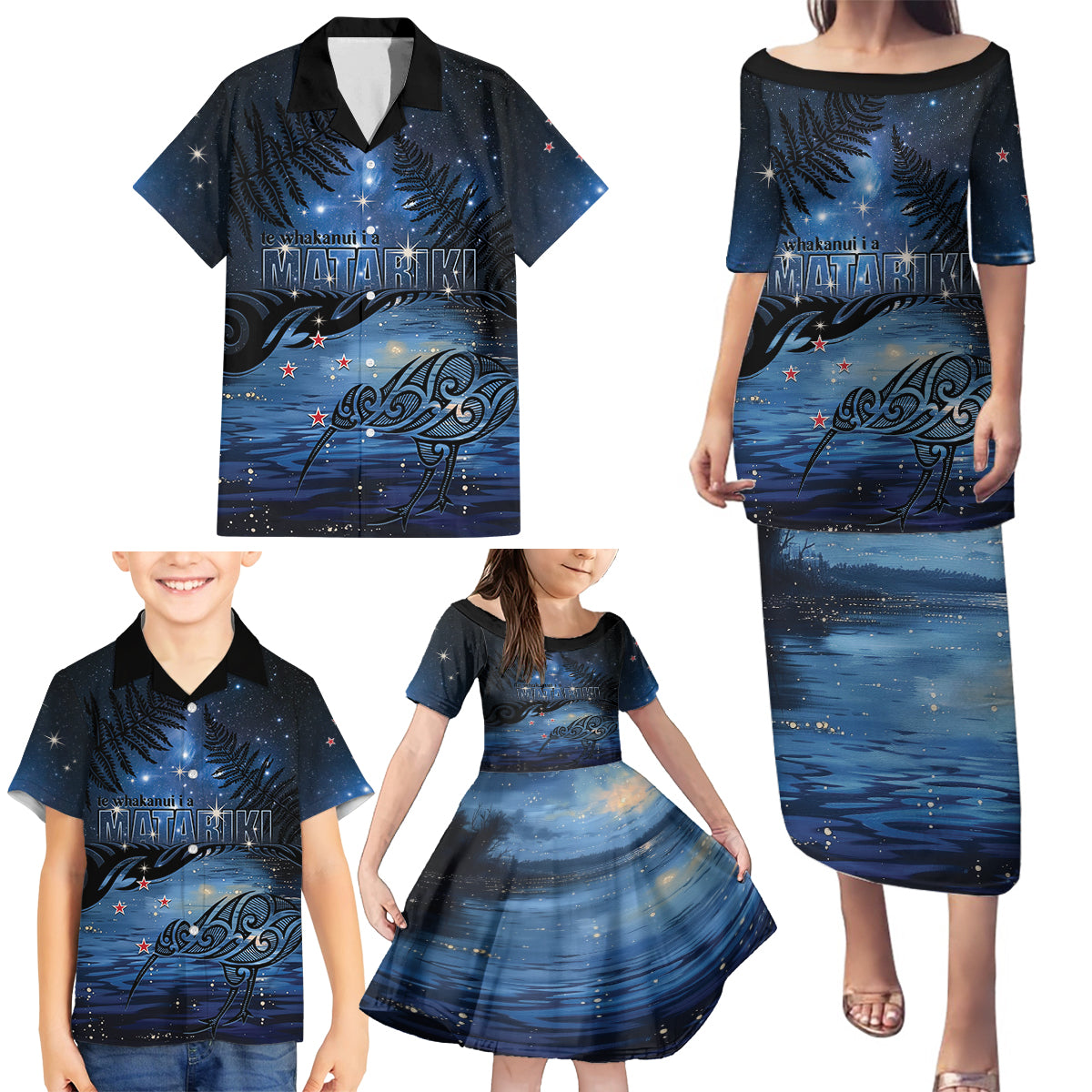Personalised Matariki Kiwi Family Matching Puletasi and Hawaiian Shirt Silver Fern LT01 - Polynesian Pride