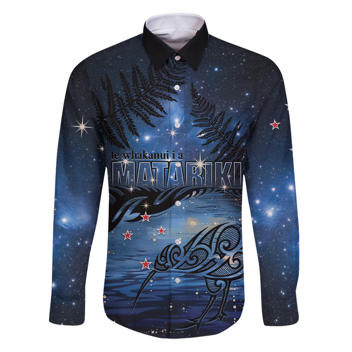 Personalised Matariki Kiwi Family Matching Puletasi and Hawaiian Shirt Silver Fern LT01 Dad's Shirt - Long Sleeve Black - Polynesian Pride