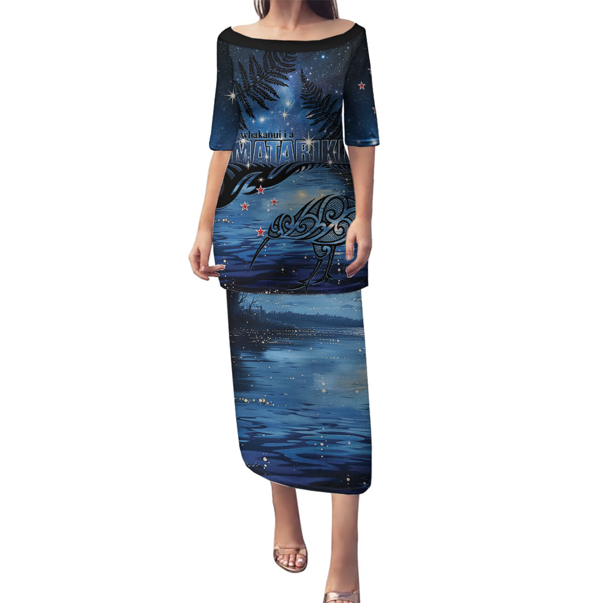 Personalised Matariki Kiwi Family Matching Puletasi and Hawaiian Shirt Silver Fern LT01 Mom's Dress Black - Polynesian Pride