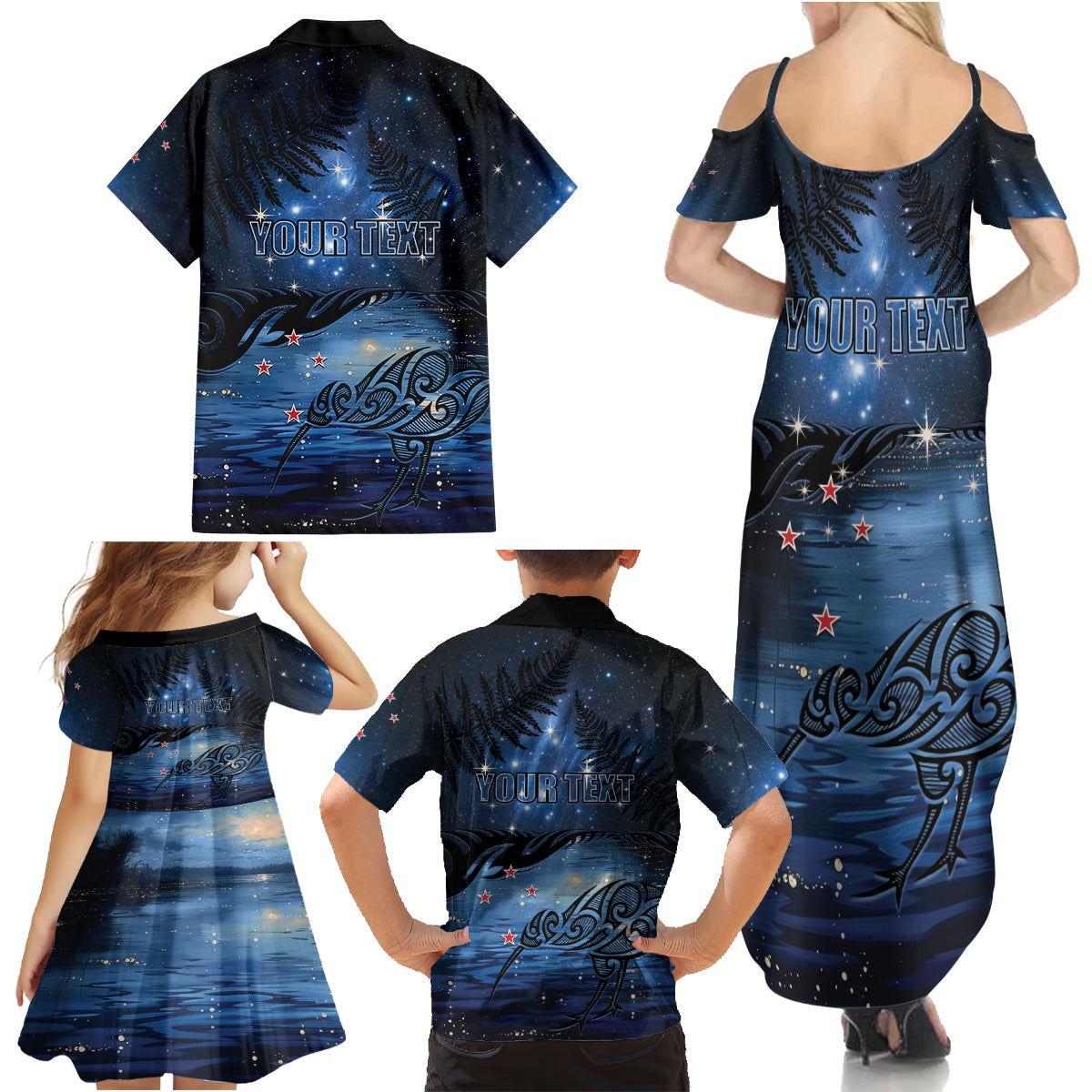Personalised Matariki Kiwi Family Matching Summer Maxi Dress and Hawaiian Shirt Silver Fern LT01 - Polynesian Pride