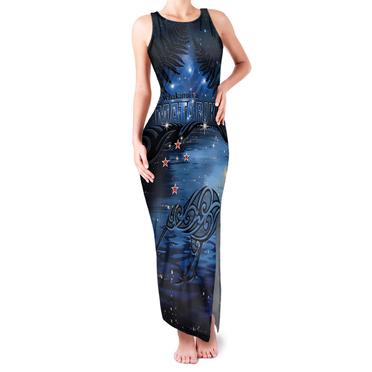 Personalised Matariki Kiwi Family Matching Tank Maxi Dress and Hawaiian Shirt Silver Fern LT01 Mom's Dress Black - Polynesian Pride