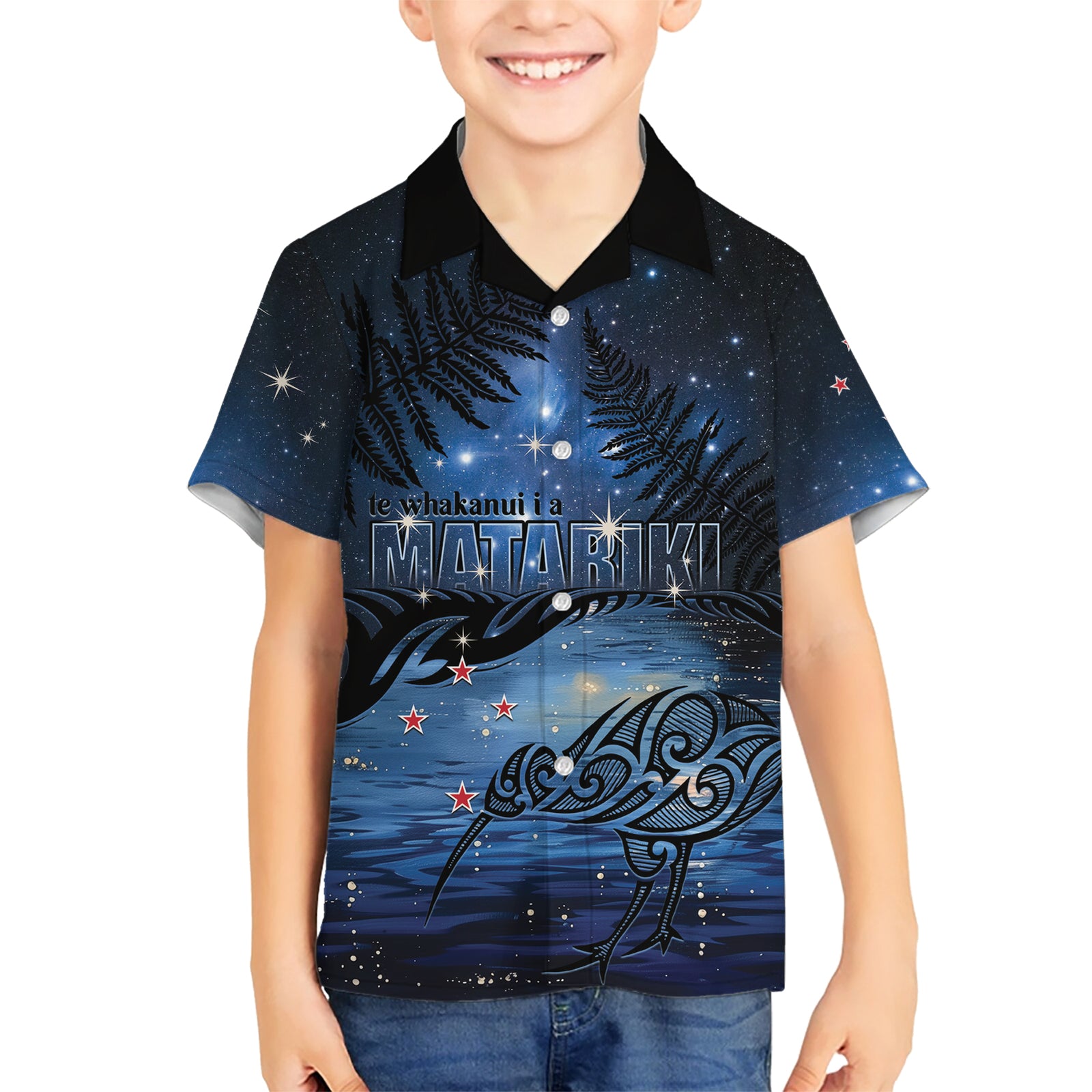 Personalised Matariki Kiwi Kid Hawaiian Shirt Silver Fern LT01 Kid Black - Polynesian Pride