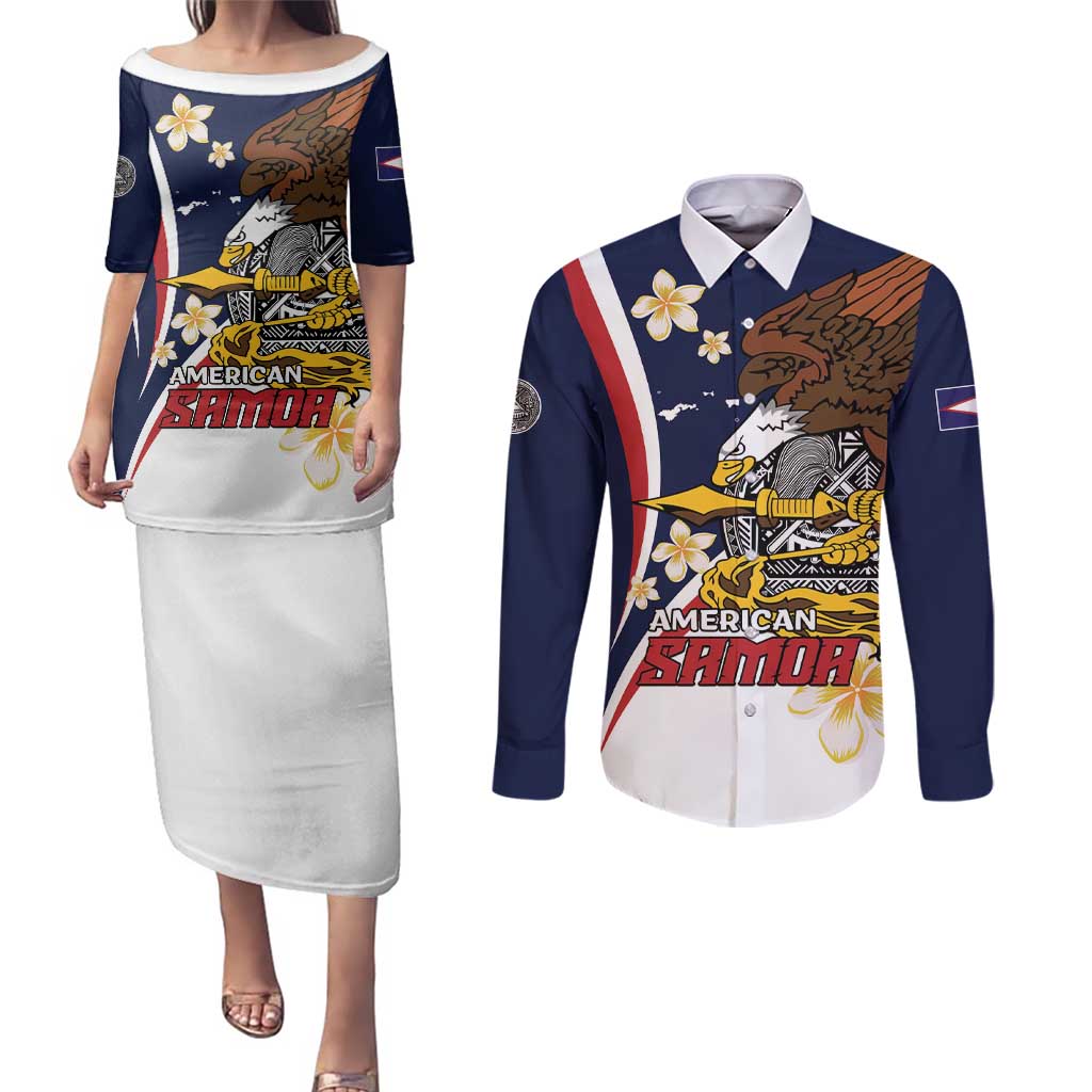 Personalized American Samoa Couples Matching Puletasi and Long Sleeve Button Shirt Amerika Samoa Bald Eagle LT01 Blue - Polynesian Pride