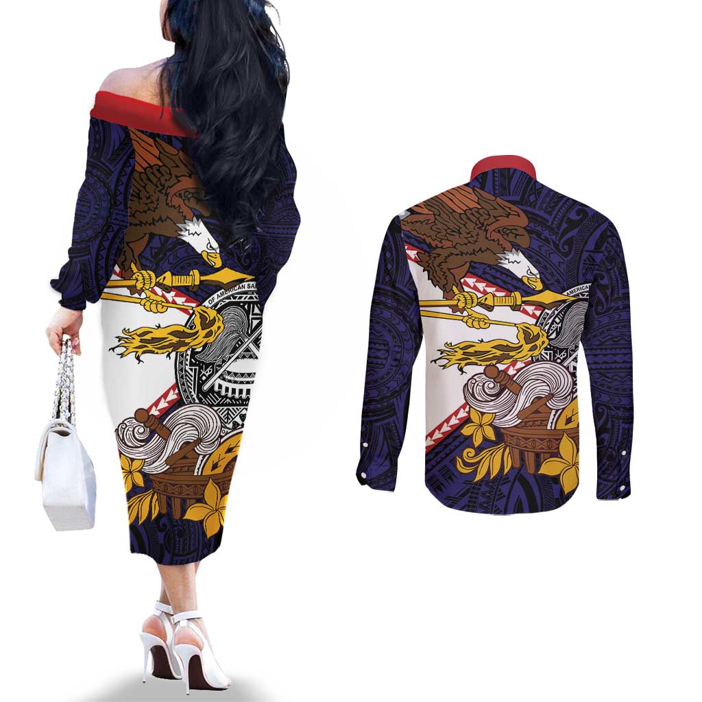 American Samoa Eagle Kava Bowl Couples Matching Off The Shoulder Long Sleeve Dress and Long Sleeve Button Shirt Plumeria Polynesian Pattern