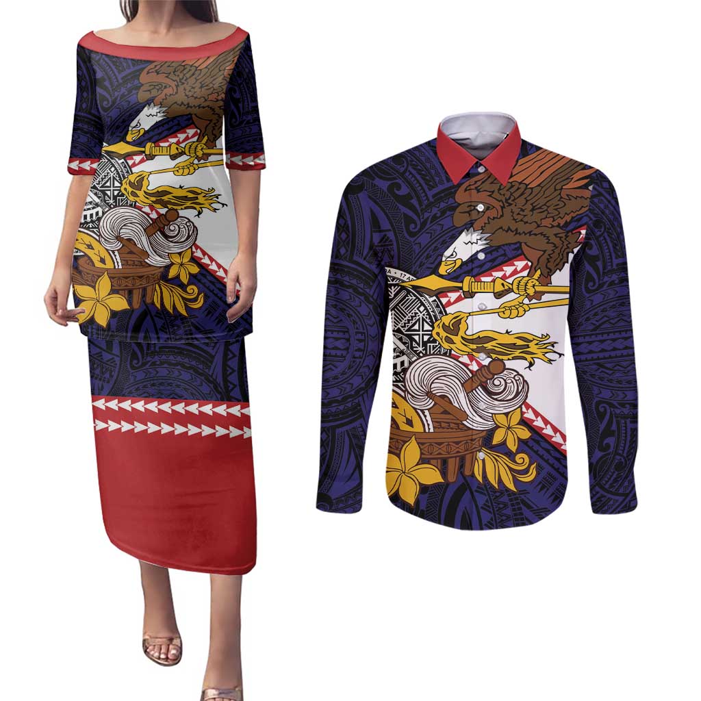 American Samoa Eagle Kava Bowl Couples Matching Puletasi and Long Sleeve Button Shirt Plumeria Polynesian Pattern LT01 Black - Polynesian Pride