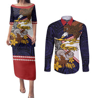 American Samoa Eagle Kava Bowl Couples Matching Puletasi and Long Sleeve Button Shirt Plumeria Polynesian Pattern