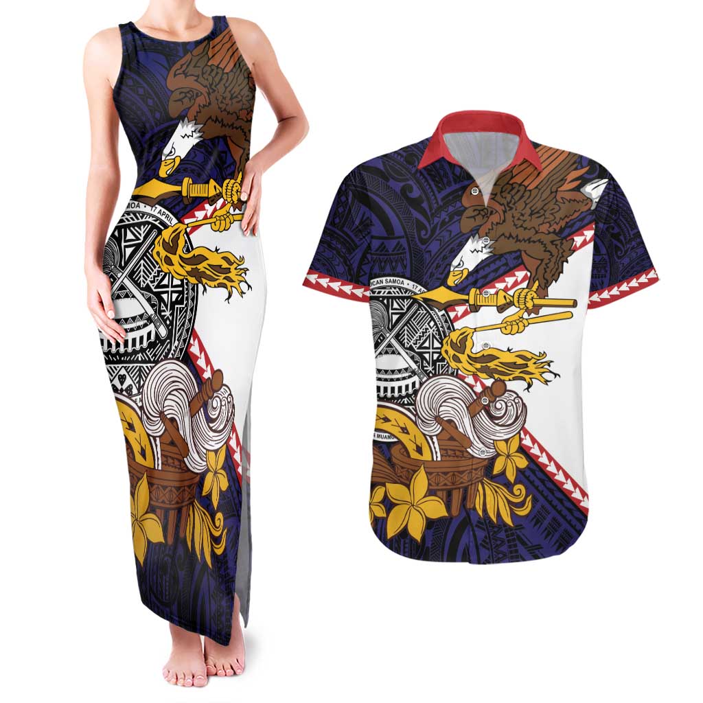 American Samoa Eagle Kava Bowl Couples Matching Tank Maxi Dress and Hawaiian Shirt Plumeria Polynesian Pattern LT01 Black - Polynesian Pride
