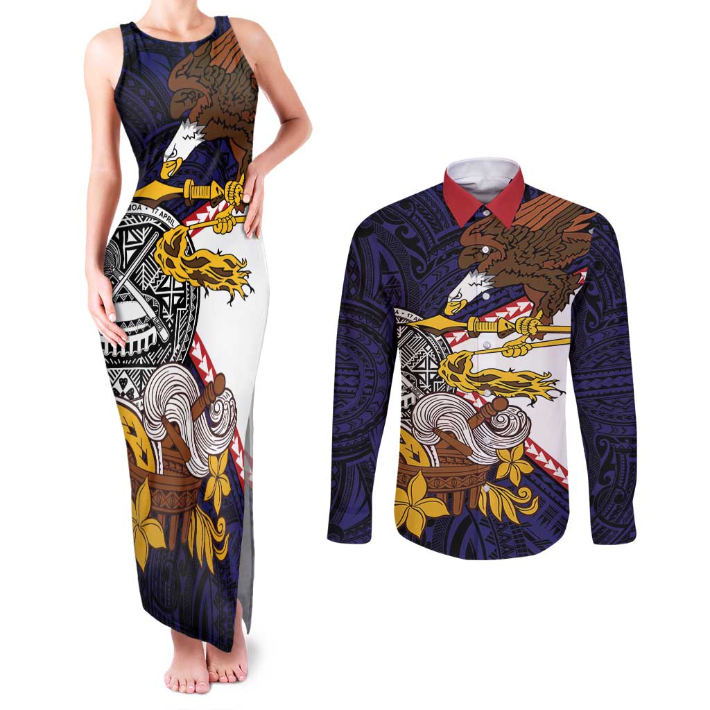 American Samoa Eagle Kava Bowl Couples Matching Tank Maxi Dress and Long Sleeve Button Shirt Plumeria Polynesian Pattern