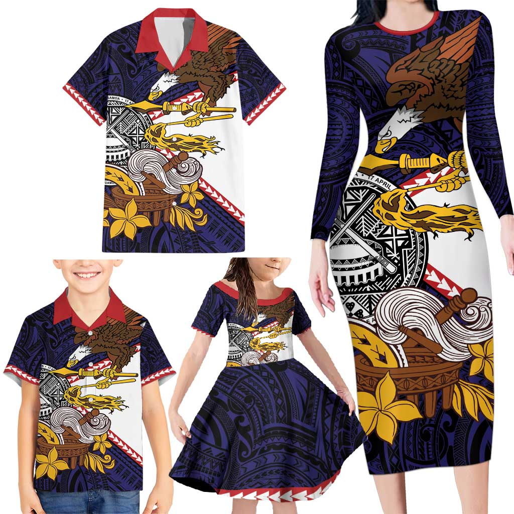 American Samoa Eagle Kava Bowl Family Matching Long Sleeve Bodycon Dress and Hawaiian Shirt Plumeria Polynesian Pattern LT01 - Polynesian Pride