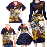 American Samoa Eagle Kava Bowl Family Matching Long Sleeve Bodycon Dress and Hawaiian Shirt Plumeria Polynesian Pattern LT01 - Polynesian Pride