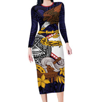 American Samoa Eagle Kava Bowl Family Matching Long Sleeve Bodycon Dress and Hawaiian Shirt Plumeria Polynesian Pattern LT01 Mom's Dress Black - Polynesian Pride