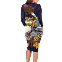 American Samoa Eagle Kava Bowl Family Matching Long Sleeve Bodycon Dress and Hawaiian Shirt Plumeria Polynesian Pattern LT01 - Polynesian Pride