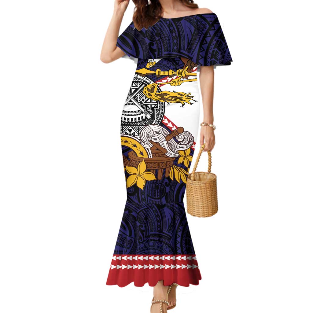 American Samoa Eagle Kava Bowl Family Matching Mermaid Dress and Hawaiian Shirt Plumeria Polynesian Pattern LT01 Mom's Dress Black - Polynesian Pride