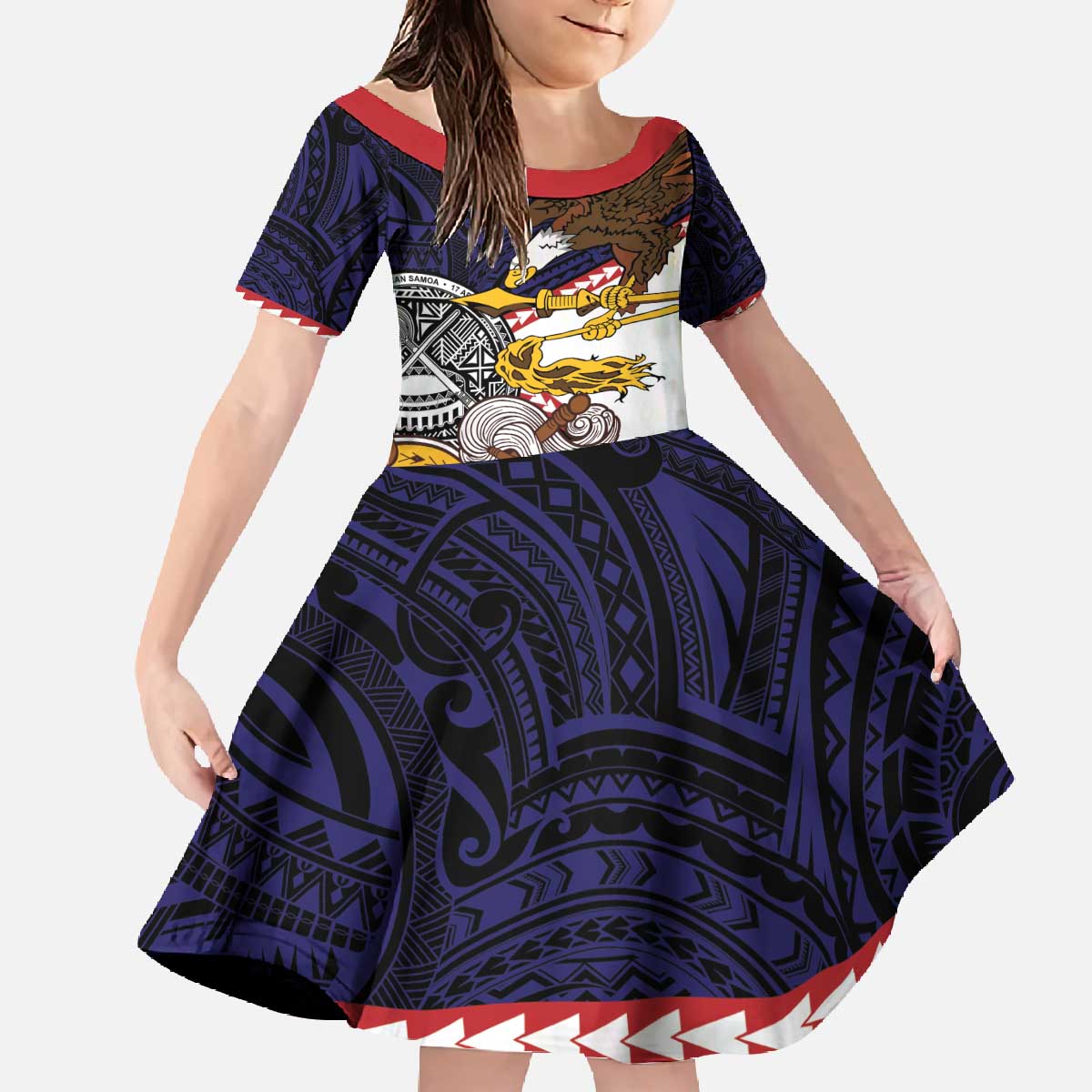 American Samoa Eagle Kava Bowl Family Matching Off The Shoulder Long Sleeve Dress and Hawaiian Shirt Plumeria Polynesian Pattern LT01 Daughter's Dress Black - Polynesian Pride