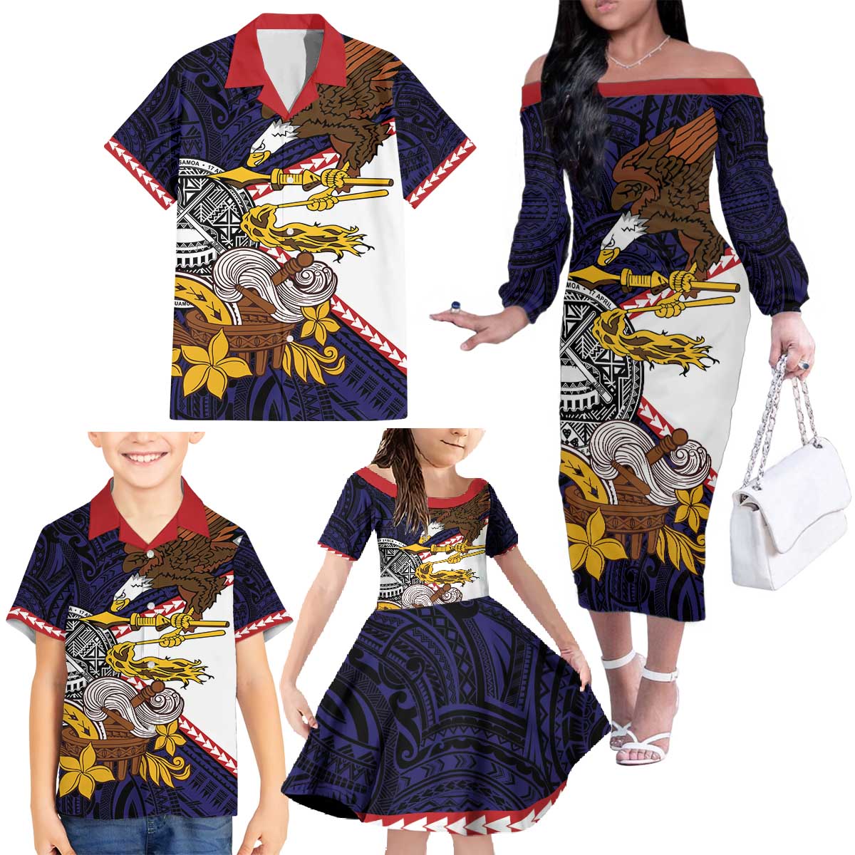American Samoa Eagle Kava Bowl Family Matching Off The Shoulder Long Sleeve Dress and Hawaiian Shirt Plumeria Polynesian Pattern LT01 - Polynesian Pride