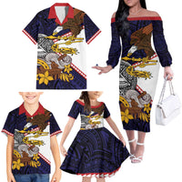 American Samoa Eagle Kava Bowl Family Matching Off The Shoulder Long Sleeve Dress and Hawaiian Shirt Plumeria Polynesian Pattern LT01 - Polynesian Pride