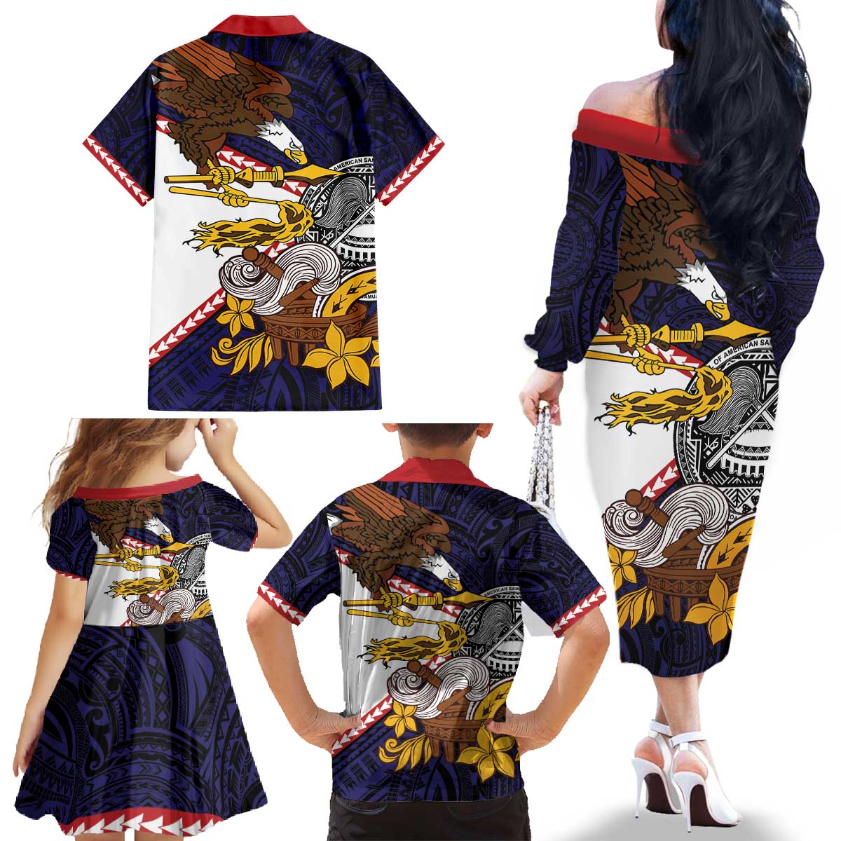 American Samoa Eagle Kava Bowl Family Matching Off The Shoulder Long Sleeve Dress and Hawaiian Shirt Plumeria Polynesian Pattern LT01 - Polynesian Pride
