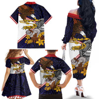 American Samoa Eagle Kava Bowl Family Matching Off The Shoulder Long Sleeve Dress and Hawaiian Shirt Plumeria Polynesian Pattern LT01 - Polynesian Pride