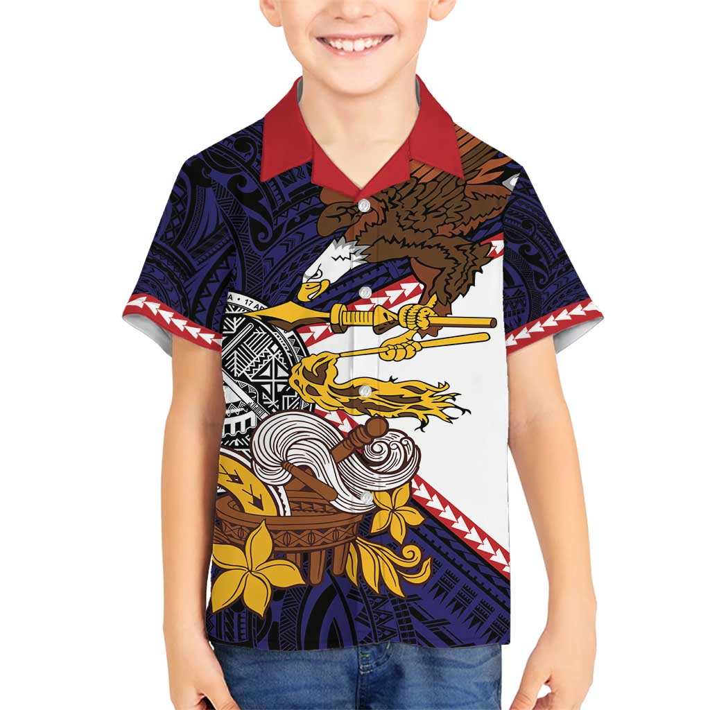 American Samoa Eagle Kava Bowl Family Matching Off Shoulder Maxi Dress and Hawaiian Shirt Plumeria Polynesian Pattern